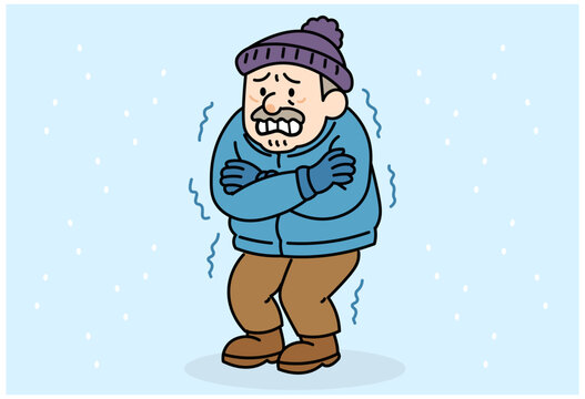Elderly man shivering in cold winter wearing warm clothes for health care and safety awareness illustration