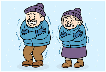 Elderly couple shivering in cold winter wearing warm clothes for senior health and safety awareness illustration