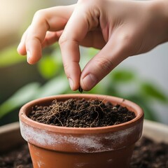 Close-up of a hand planting a seed in a small terracotta pot filled with soil, symbolizing growth and gardening activity