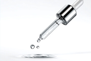 A glass dropper dispenses clear liquid drops onto a pristine white surface creating gentle concentric ripples