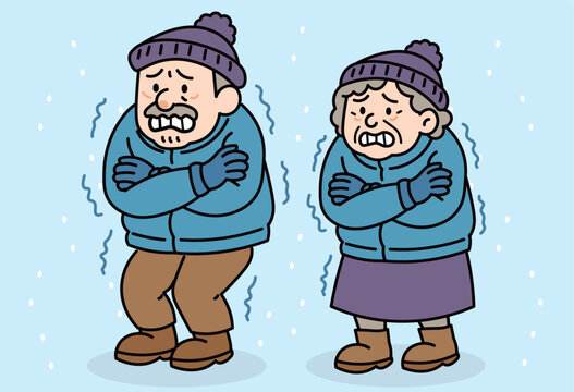 Elderly couple shivering in cold winter wearing warm clothes for senior health and safety awareness illustration - Powered by Adobe