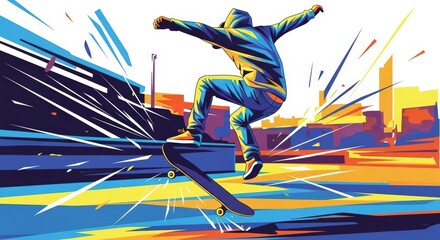 Dynamic vector illustration of a skateboarder performing an ollie in a vibrant urban setting