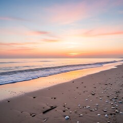 Serene Beach Sunrise with Gentle Waves and Sandy Shoreline.