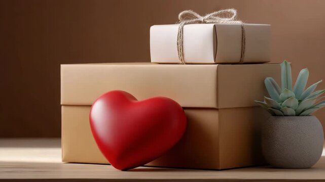 Red heart and gift boxes on wooden surface with brown background