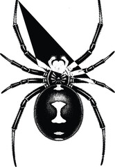 Stylized spider illustration, top-down view, black and white vector art, abstract abdomen design, surreal anatomy, Halloween, graphic concept