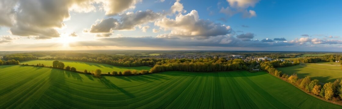 Panoramic photo of green farm fields with trees and a city on horizon. The landscape has a blue sky with clouds. Nature, agriculture and rural scenery. - Powered by Adobe