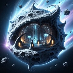 Surreal Cosmic Cityscape Inside a Hollowed Asteroid with Glowing Lights.