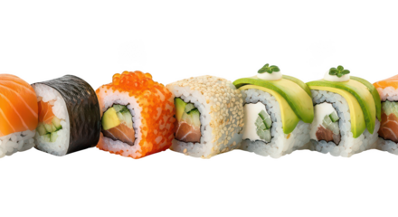 Assorted Japanese Sushi Rolls With Salmon Avocado And Roe