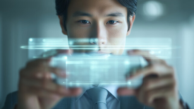 Japanese businessman operating a futuristic smartphone interface for data visualization

