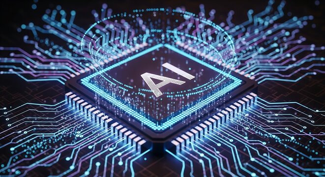 Ai chip processing data on a futuristic circuit board technology