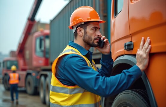 Foreman directs team handling transport container on truck. Worker uses walkie talkie to coordinate movement of cargo. Heavy machinery, trucks present at logistics operation. Image shows industrial