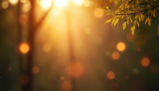 Warm sunlight shines through trees with bokeh effect. Beautiful natural light creates inviting, relaxing atmosphere. Gold color, soft texture render visual harmony. Branches with leaves complete
