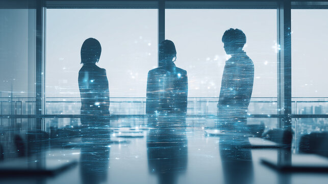 Japanese business team visualizing an online meeting with digital interface layers in a modern office
 - Powered by Adobe