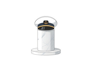 A white naval officer's cap with a gold anchor emblem displayed on a white marble pedestal against a plain background.