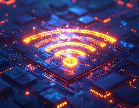Glowing digital circuit board with a Wi-Fi signal symbol overlay