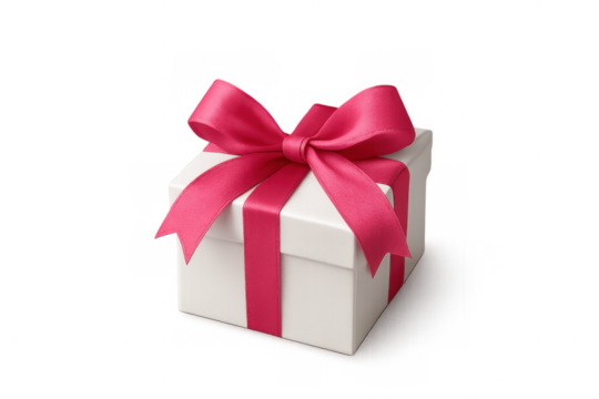 White gift box with vibrant pink ribbon and bow for celebrations, surprises, giving, and special occasions on transparent background