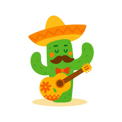 Cute Cartoon Cactus in Sombrero Playing Guitar with Mustache, Mexican Kawaii Illustration Art