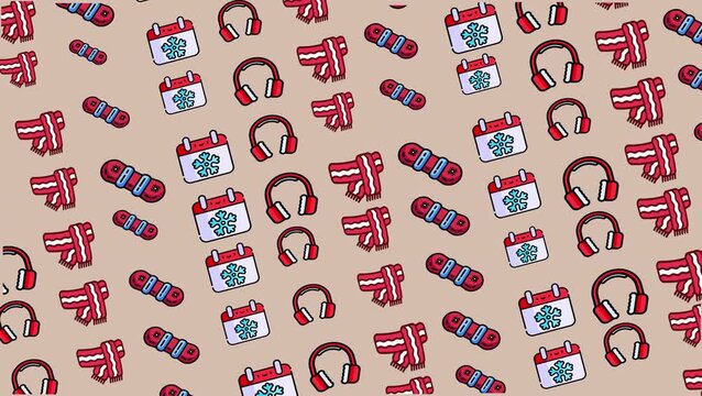 Looping seamless pattern of winter accessories like scarves, snowboards, headphones, and snowflake calendars on beige background. Ideal for winter, snow sports, and holiday themes.