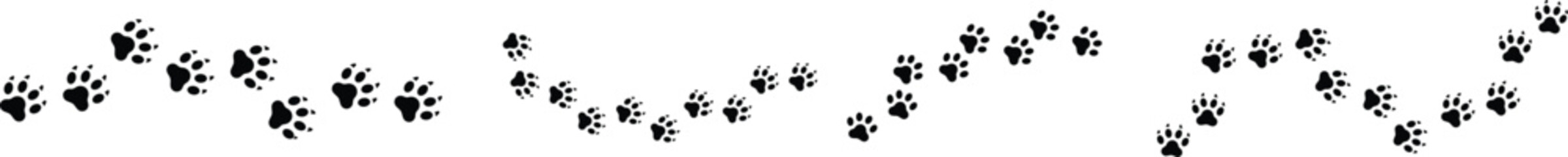 Paw vector foot trail print featuring cat, dog, and puppy silhouettes in diagonal tracks, ideal for t-shirts, backgrounds, patterns, websites, showcases, greeting cards, children's prints, and more.