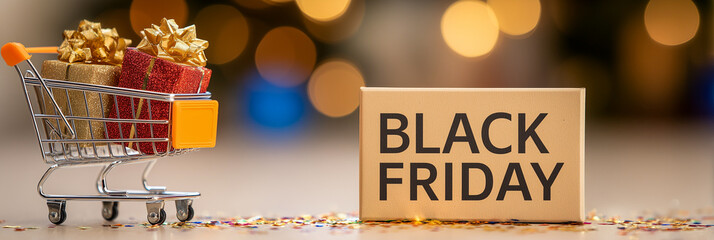 Black Friday Shopping Cart with Gift Boxes – Sale Event, Holiday Promotion, Retail or E-Commerce Concept