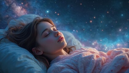 Young girl sleeps in bed. Starry galaxy night sky surrounds her peaceful slumber. Nebula clouds drift in vast cosmos. Child dreams floating among planets and constellations.