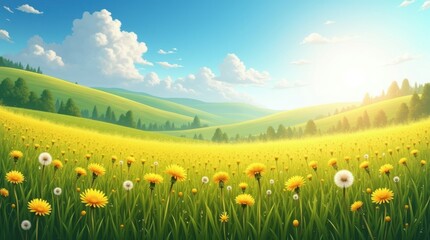 Fototapeta premium Vibrant sunny meadow filled with yellow dandelions and green rolling hills