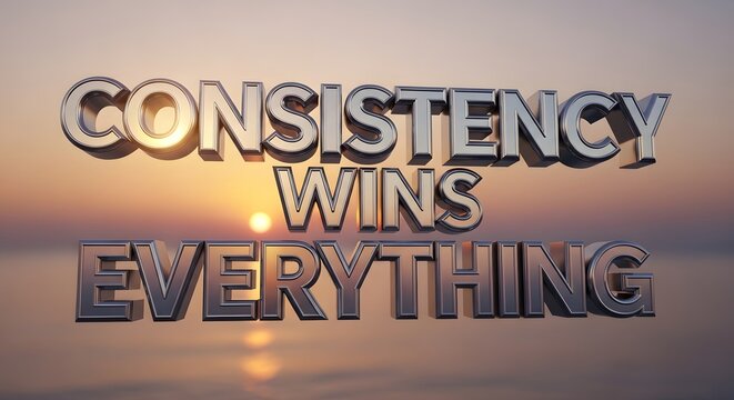 A motivational quote displayed in large 3D letters against a sunset background emphasizing the importance of consistency and perseverance
