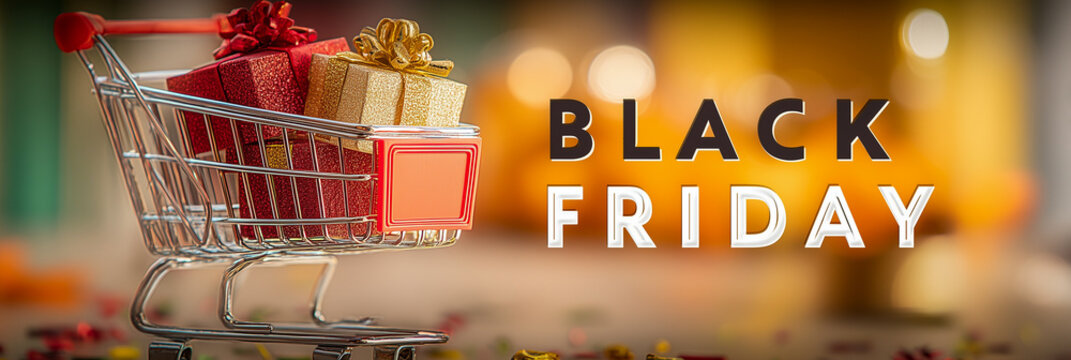 Black Friday Shopping Cart with Gift Boxes – Sale Event, Holiday Promotion, Retail or E-Commerce Concept