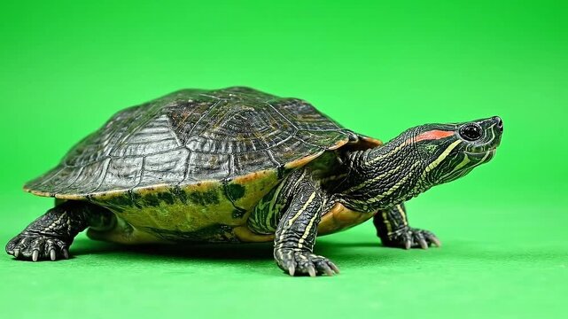 Red Eared Slider Turtle slowly walking across vibrant green screen background scientific reptile study detailed shell texture natural habitat depiction