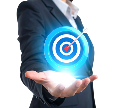 A person in a business suit presents a glowing, digital target with an arrow hitting the bullseye, representing goals