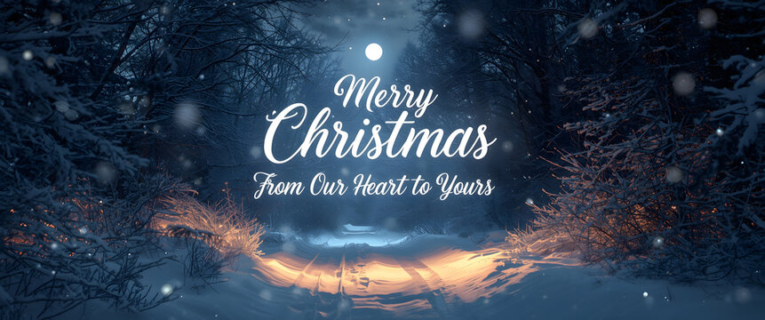 Christmas background image depicting snowy forest road with glowing distant light and heartfelt Merry Christmas message in soft white script