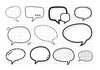 Collection of Hand-Drawn Speech Bubbles and Thought Balloons on Graph Paper.