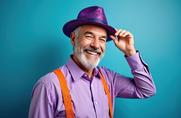 Happy senior man smiles widely, showing teeth, with grey beard. Wears sparkly purple hat, purple shirt, orange suspenders. Confident guy enjoys party fun, celebration on bright blue studio background.