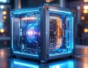 Glowing digital cube showcasing circuit boards and futuristic tech design