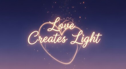A glowing neon sign displays the inspirational phrase 'Love Creates Light' inside a heart shape against a dark night sky with tiny sparkling stars