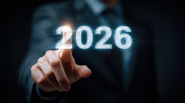 High quality photo of businessman touching the year 2026 projected in futuristic interface