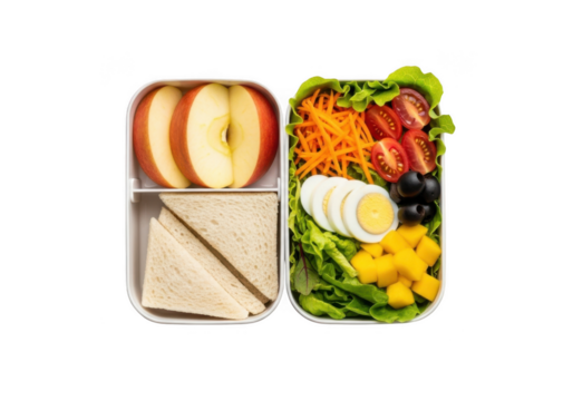 Isolated healthy lunch box with sandwich and salad on transparent background. Healthy food lunch box