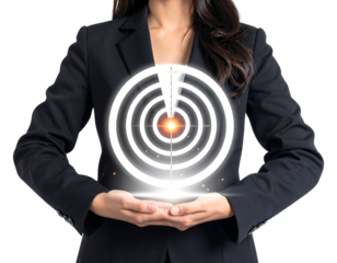 A person in a formal suit holds a glowing target graphic, suggesting focus, achievement, and strategic planning. The background is a stark black