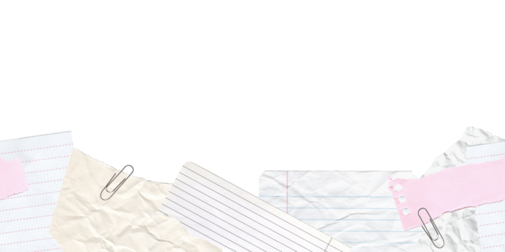 Seamless border with torn pastel paper scraps. Crumpled notebook pieces in collage style. Isolated ephemera clipart for digital journaling, scrapbooking, stationery design, and social media templates.