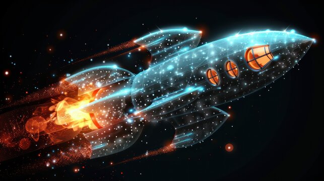 Transparent vector rocket ship, body of white dots, flame trail of energetic red lines and scattered white dots, subtle light from windows. innovation, launch, startup concept