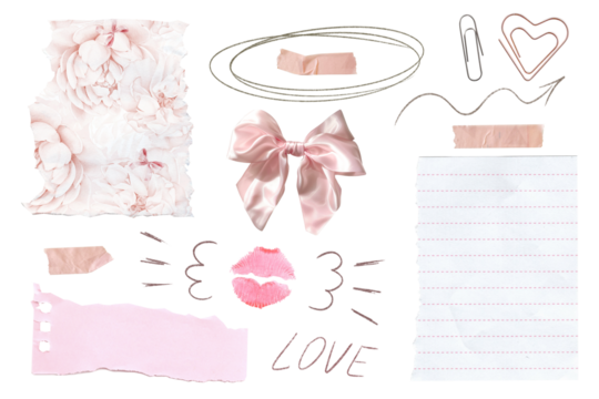 Set of girly clip arts with paper scraps, bow, lipstick kiss, doodles, tape, and arrows. Isolated aesthetic design elements. Great for journaling, sticker packs, digital collages, moodboard templates.