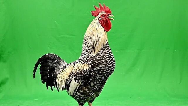 Rooster Gallus Domesticus Against Green Screen Displaying White Black Feathers And Red Comb Displaying Animal Behavior For Educational Purpose