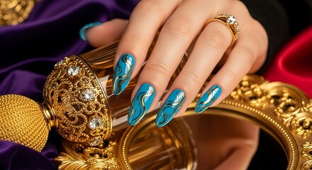 Luxurious Teal Manicure and Ornate Gold Jewelry