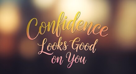 Inspirational quote graphic with the message 'Confidence Looks Good on You' displayed in elegant, colorful script font against a blurred warm background