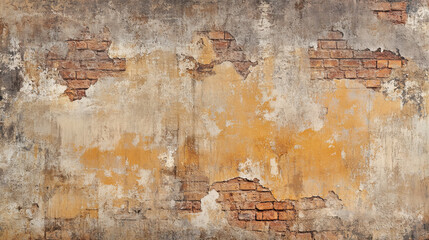 Obraz premium Old Weathered Plaster Wall with Cracked Paint and Exposed Brick Texture