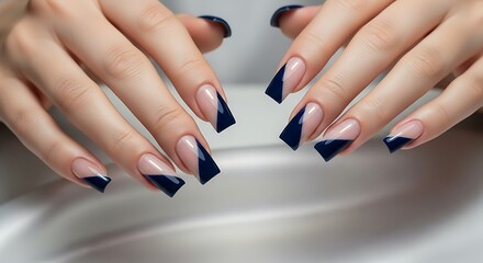 Stylish Navy Blue Geometric Square Nail Manicure