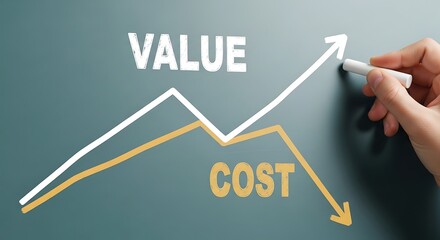 Hand drawing value and cost graph on chalkboard with chalk stick