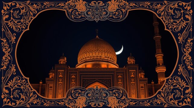 Ornate islamic architecture with dome and minaret under crescent moon - Powered by Adobe