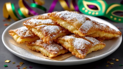 Mardi Gras beignets with powdered sugar and carnival mask