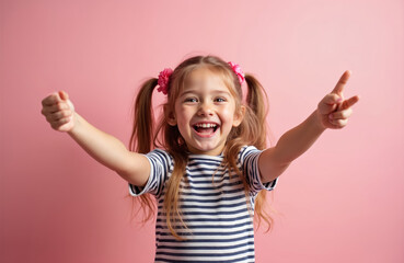 Happy little girl with pigtails smiles broadly. She gestures with both hands, pointing and making a fist. Child has fun against pink background.